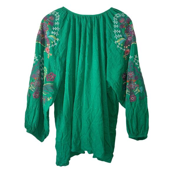 One World Green Multicolor Embroidered Bohemian Flowy Peasant Blouse Size 1X - Picture 3 of 7